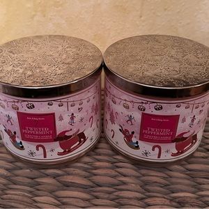 2(two) Bath & Body Works 3 Wick Candles 14.5 oz Twisted Peppermint